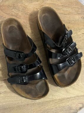 Birkenstock Arizona 3 Strap Black Patent Triple-Buckle Slides